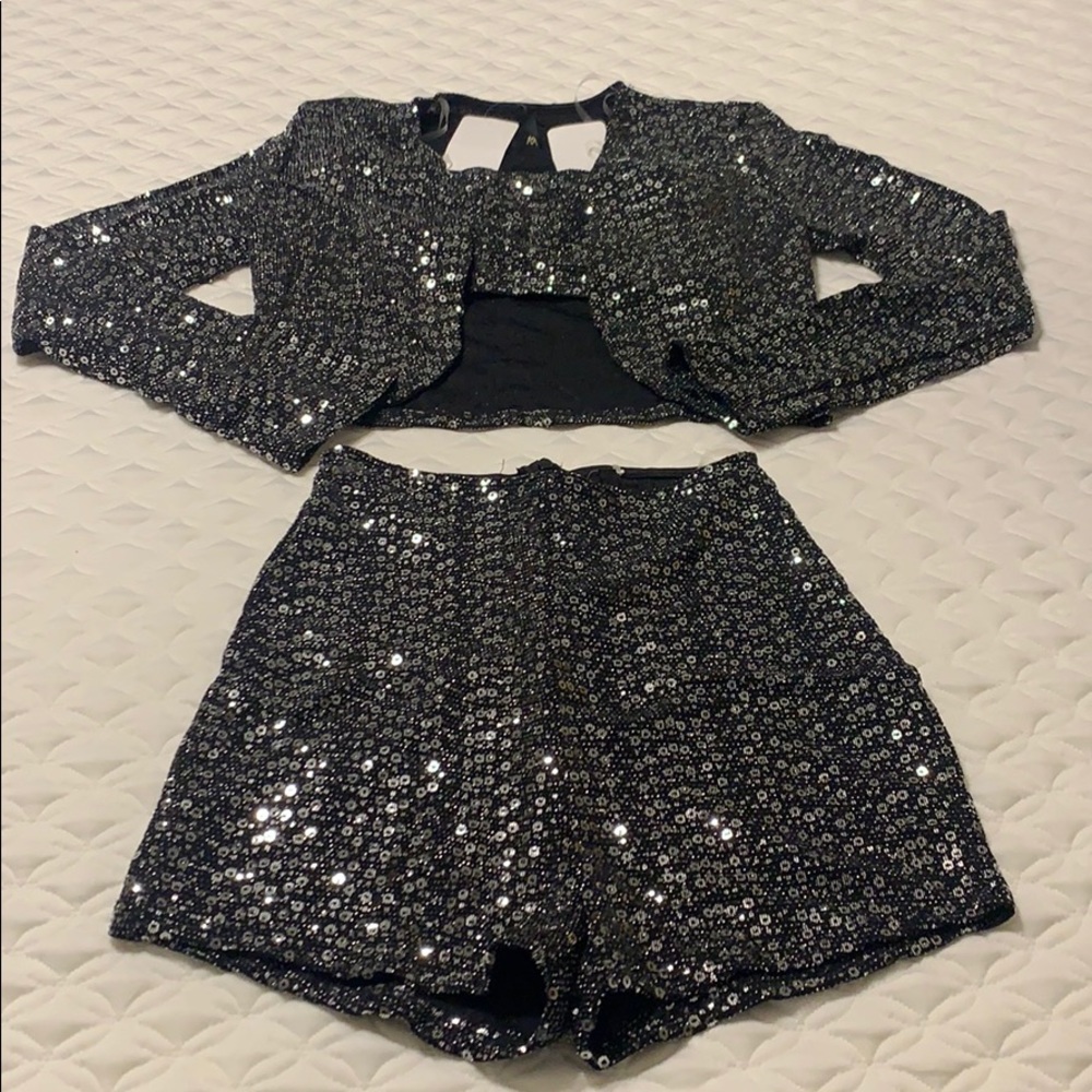 Sequin shorts, bandeau, and blazer